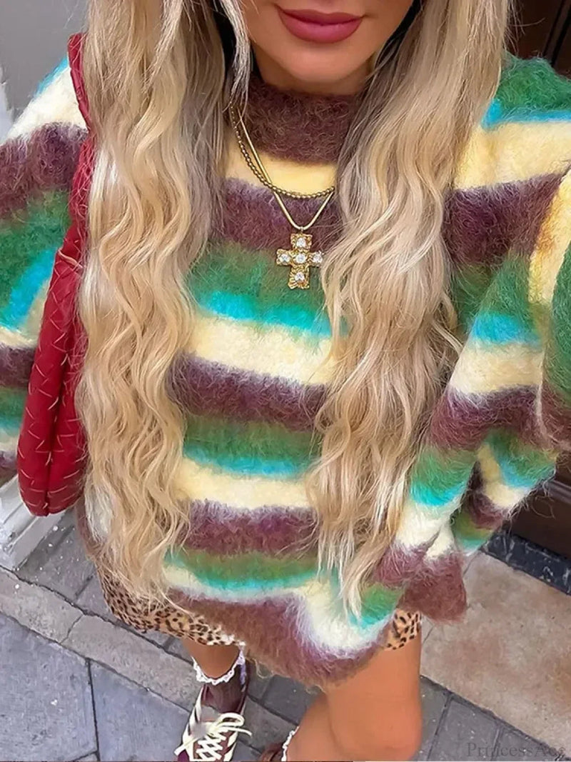 Colorful Striped High Neck Sweater