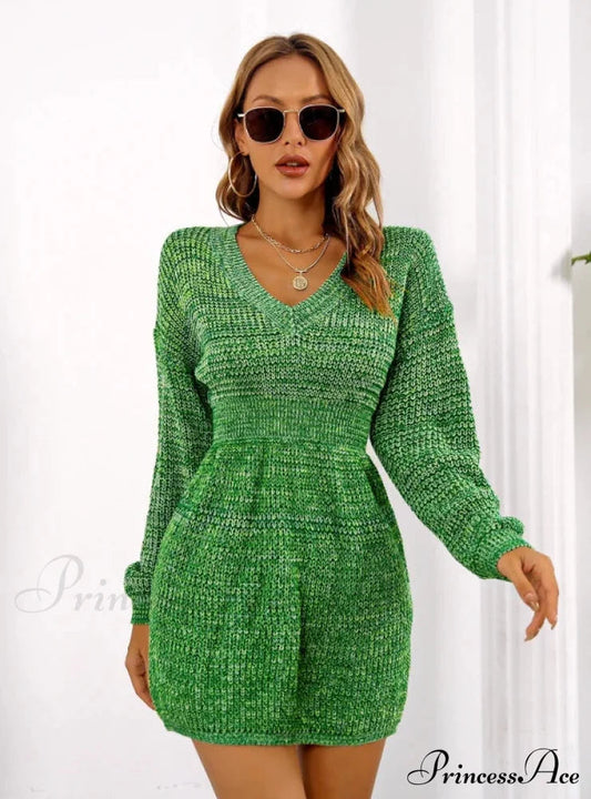 Colorful V-neck Lantern Sleeve Sweater Dress