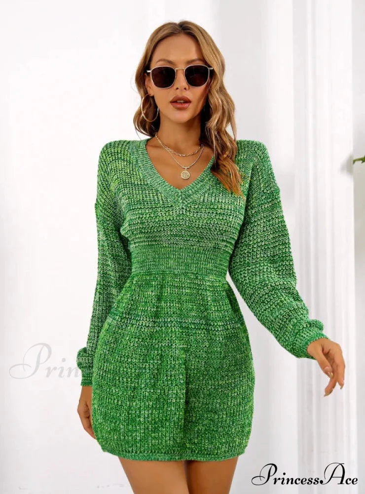 Colorful V-neck Lantern Sleeve Sweater Dress