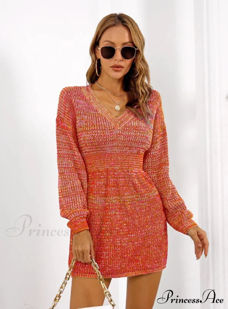 Colorful V-neck Lantern Sleeve Sweater Dress