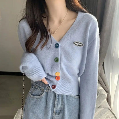 Colorful V-neck Loose Long Sleeve Knit Cardigan