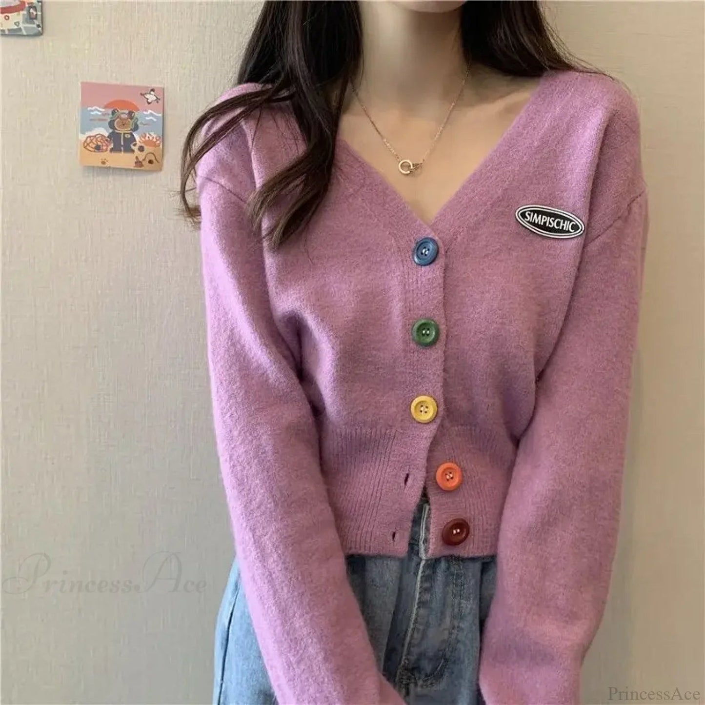 Colorful V-neck Loose Long Sleeve Knit Cardigan