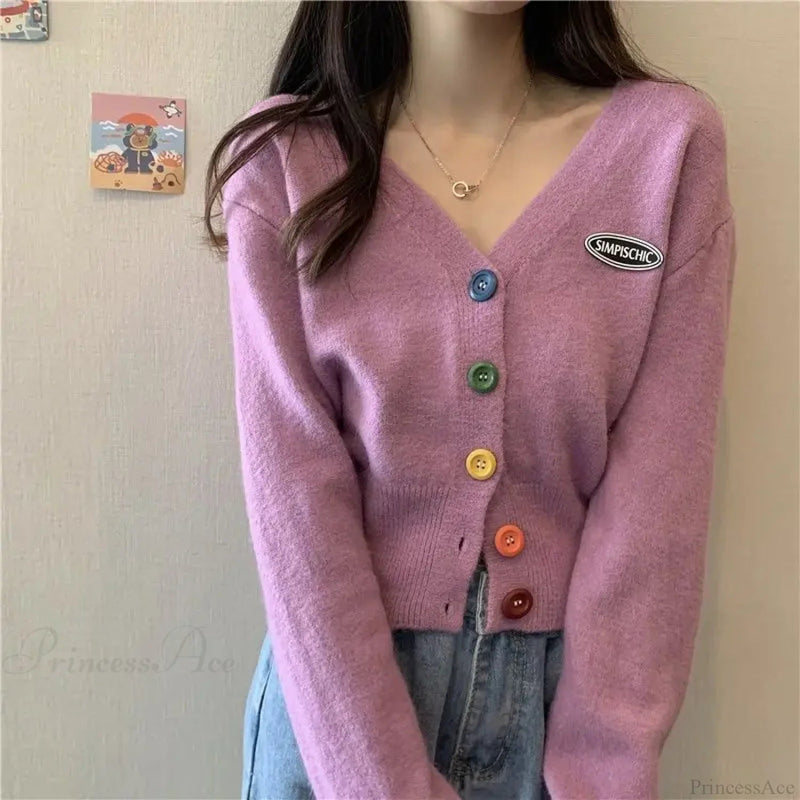 Colorful V-neck Loose Long Sleeve Knit Cardigan