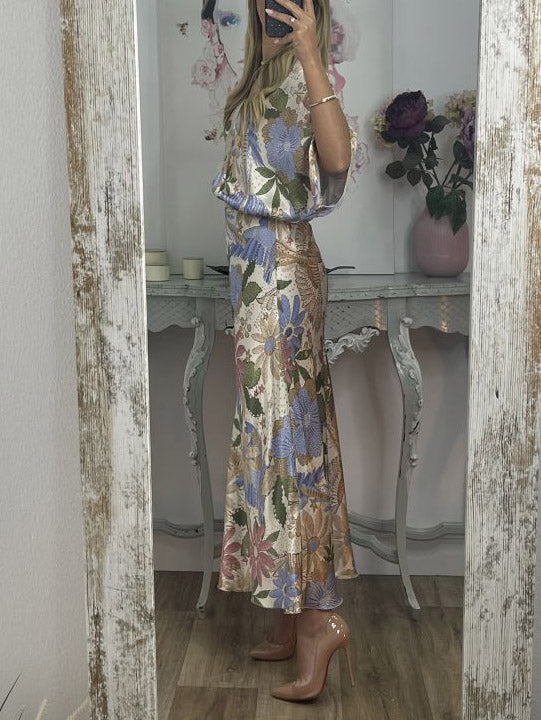 Exquisite Satin Print Fishtail Skirt