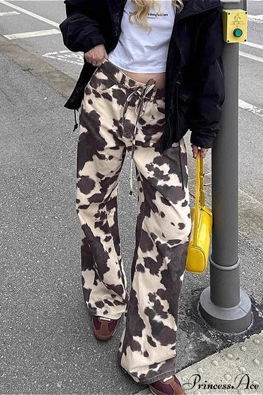 Contrast Color Cow Print Straight Pants