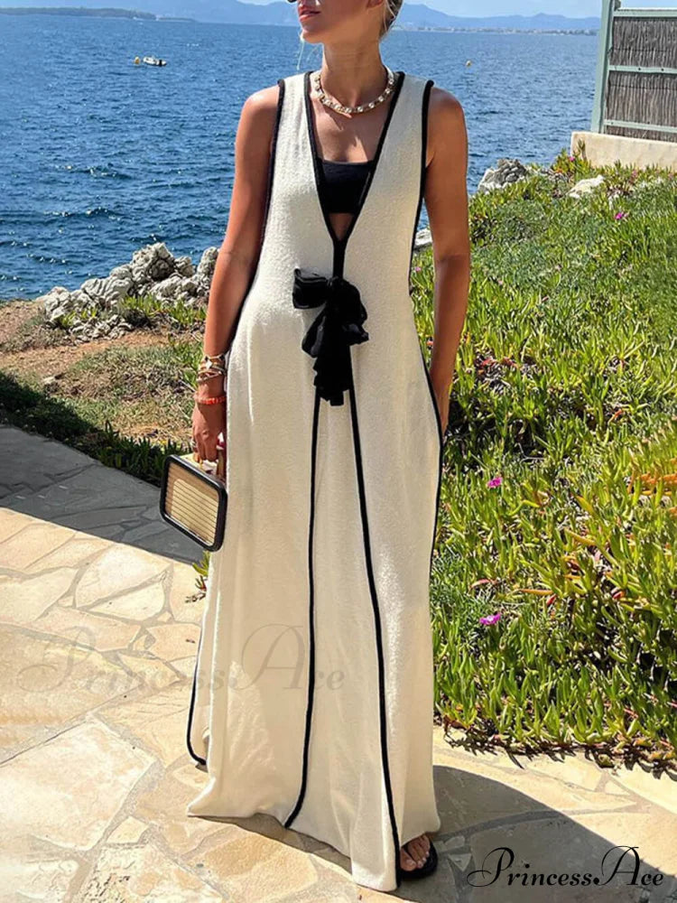 Contrast Color Self-tie Charming Flowy Oversized Maxi Dress