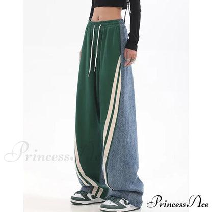 Contrast Color High Waist Straight Cropped High Street Drawstring Tie Up Sweatpants Cylinder Lady Wide Leg Jean