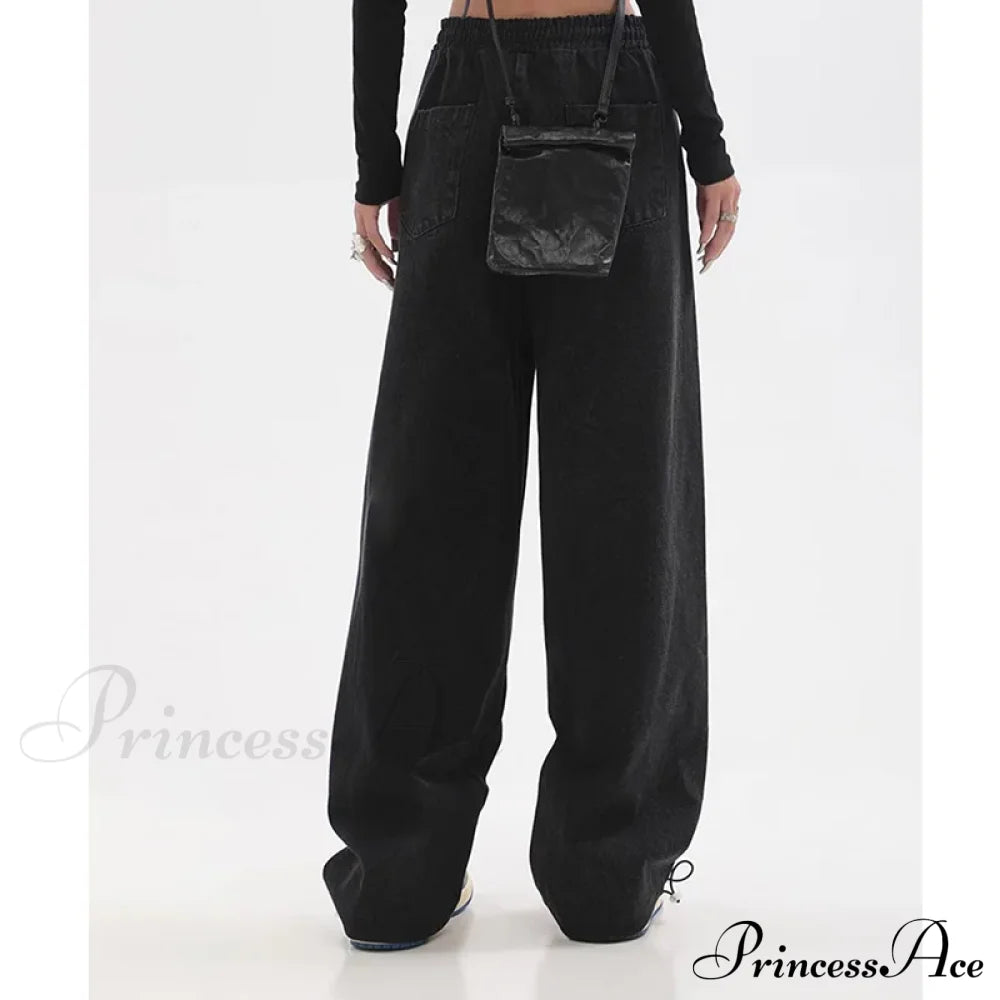 Contrast Color High Waist Straight Cropped High Street Drawstring Tie Up Sweatpants Cylinder Lady Wide Leg Jean
