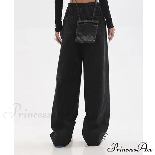 Contrast Color High Waist Straight Cropped High Street Drawstring Tie Up Sweatpants Cylinder Lady Wide Leg Jean