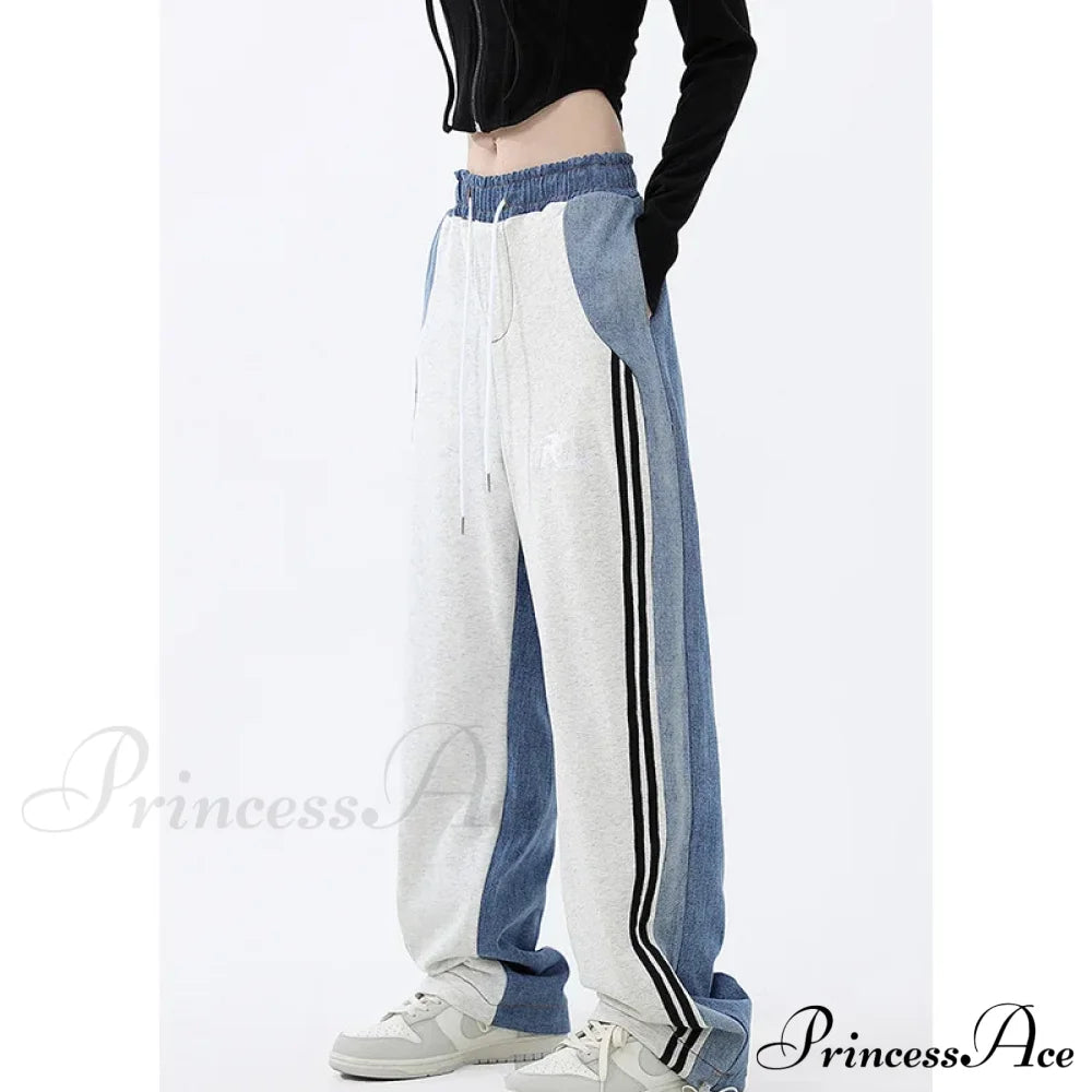 Contrast Color High Waist Straight Cropped High Street Drawstring Tie Up Sweatpants Cylinder Lady Wide Leg Jean