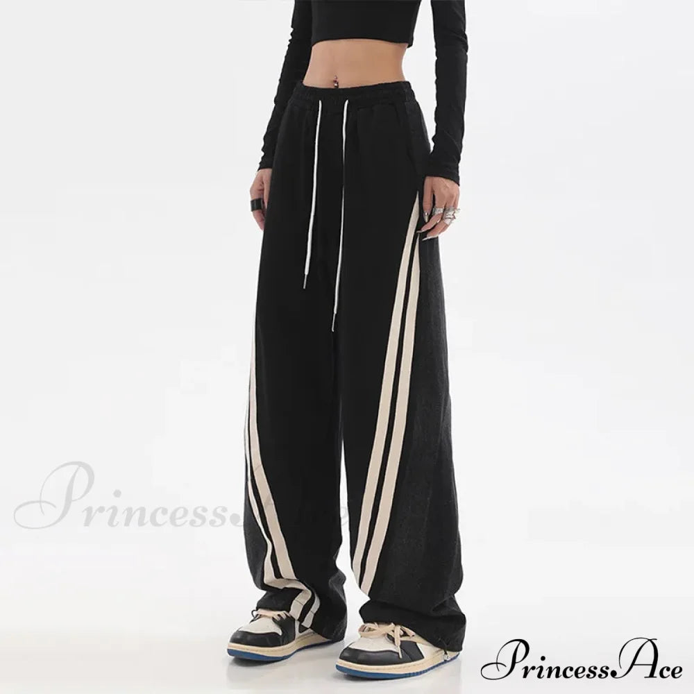 Contrast Color High Waist Straight Cropped High Street Drawstring Tie Up Sweatpants Cylinder Lady Wide Leg Jean