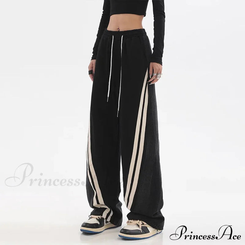 Contrast Color High Waist Straight Cropped High Street Drawstring Tie Up Sweatpants Cylinder Lady Wide Leg Jean