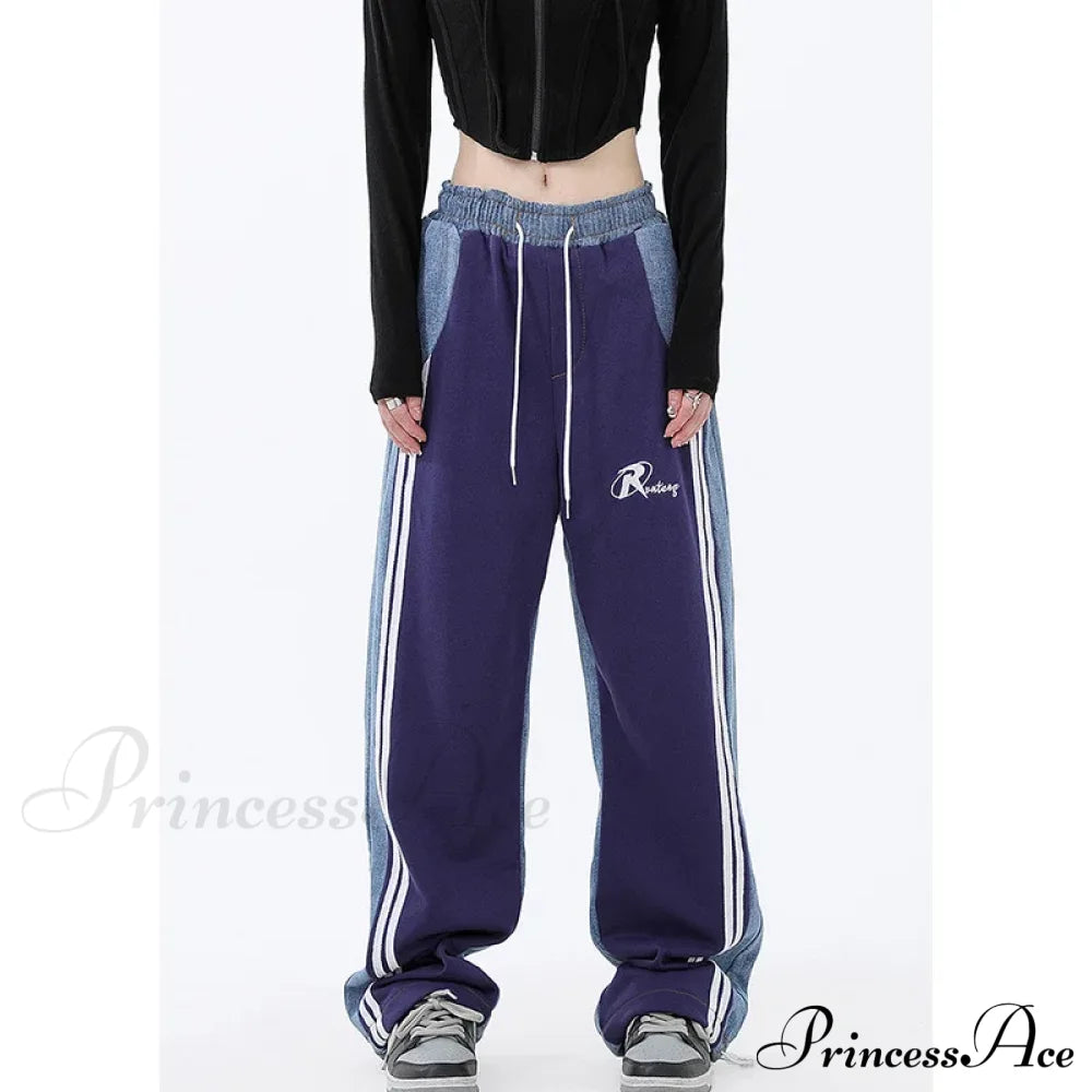Contrast Color High Waist Straight Cropped High Street Drawstring Tie Up Sweatpants Cylinder Lady Wide Leg Jean