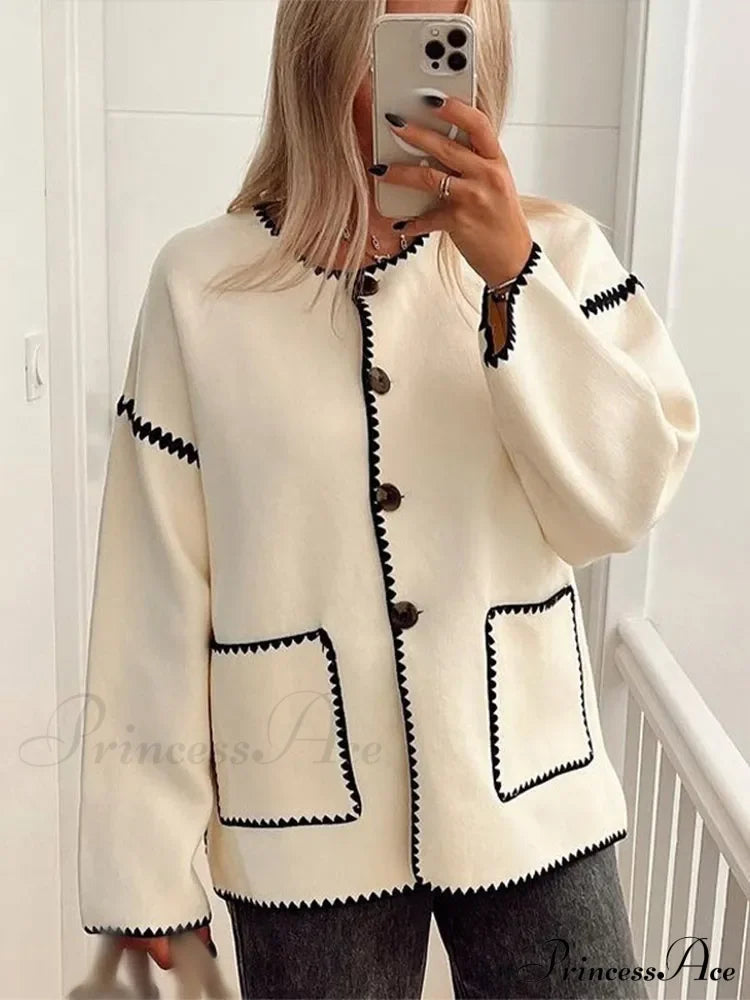 Contrast O Neck Loose Long Sleeves Winter New Stylish Fashionable Coat