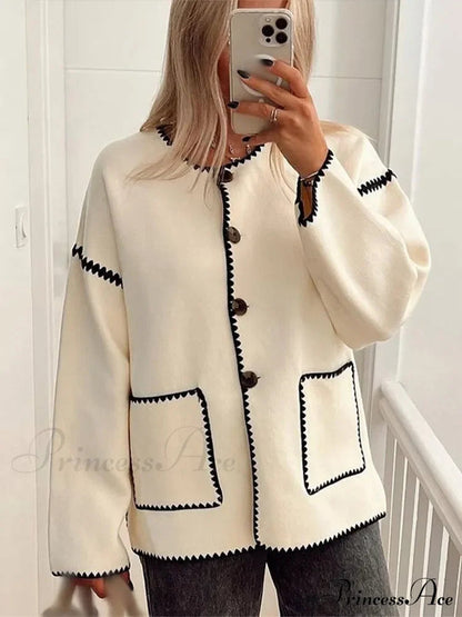 Contrast O Neck Loose Long Sleeves Winter New Stylish Fashionable Coat