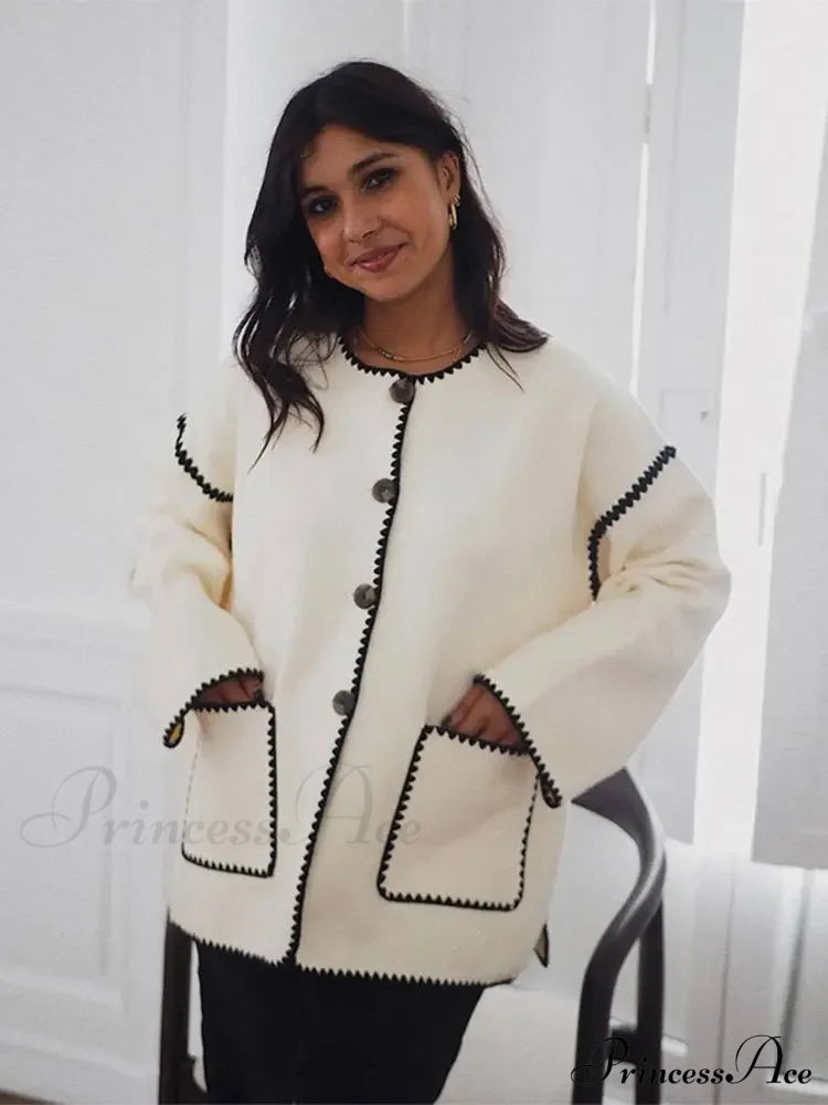 Contrast O Neck Loose Long Sleeves Winter New Stylish Fashionable Coat