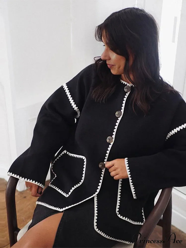 Contrast O Neck Loose Long Sleeves Winter New Stylish Fashionable Coat