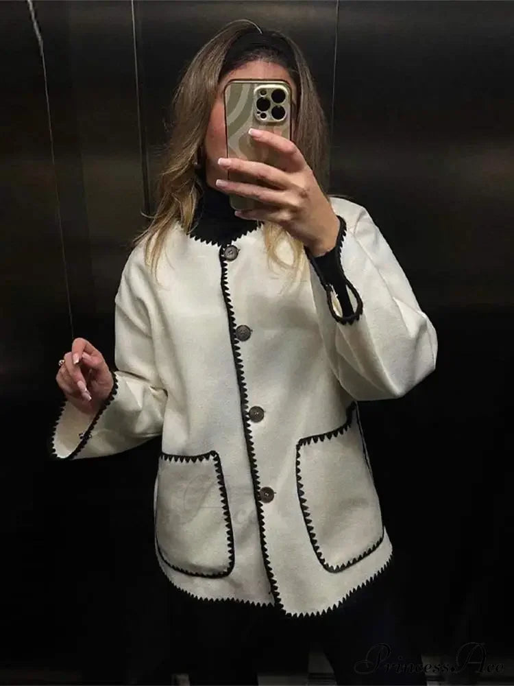 Contrast O Neck Loose Long Sleeves Winter New Stylish Fashionable Coat