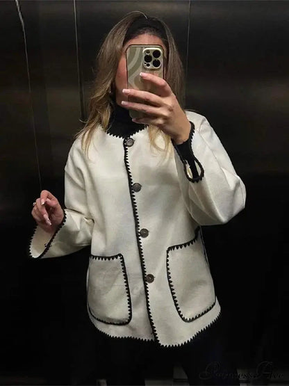 Contrast O Neck Loose Long Sleeves Winter New Stylish Fashionable Coat