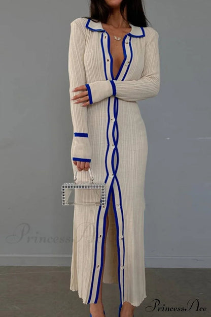 Contrast Ribbed Dress With Lapel
