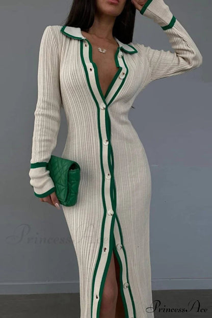 Contrast Ribbed Dress With Lapel