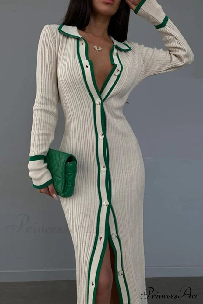 Contrast Ribbed Dress With Lapel