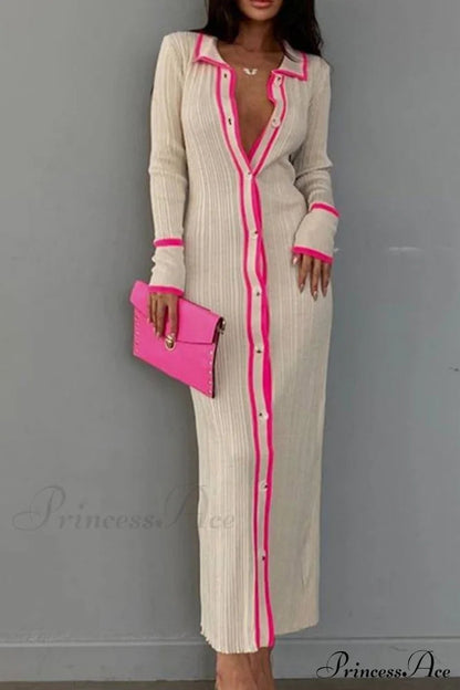 Contrast Ribbed Dress With Lapel