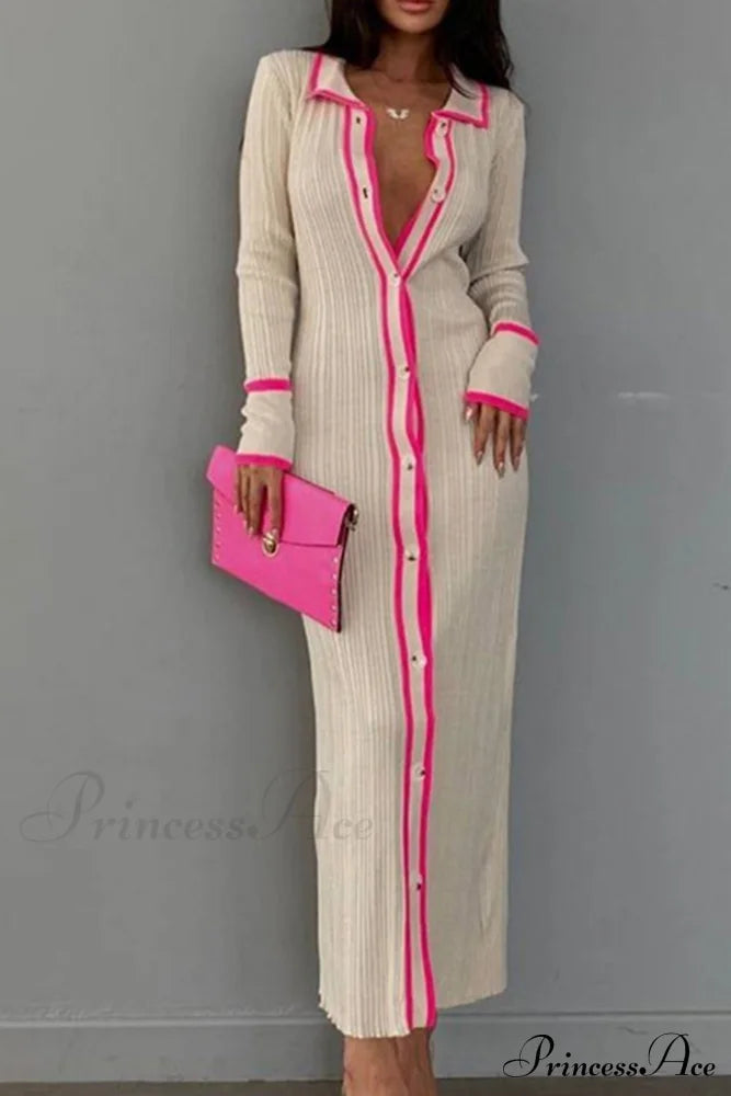 Contrast Ribbed Dress With Lapel