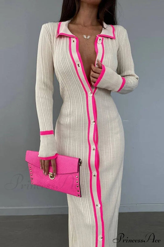 Contrast Ribbed Dress With Lapel