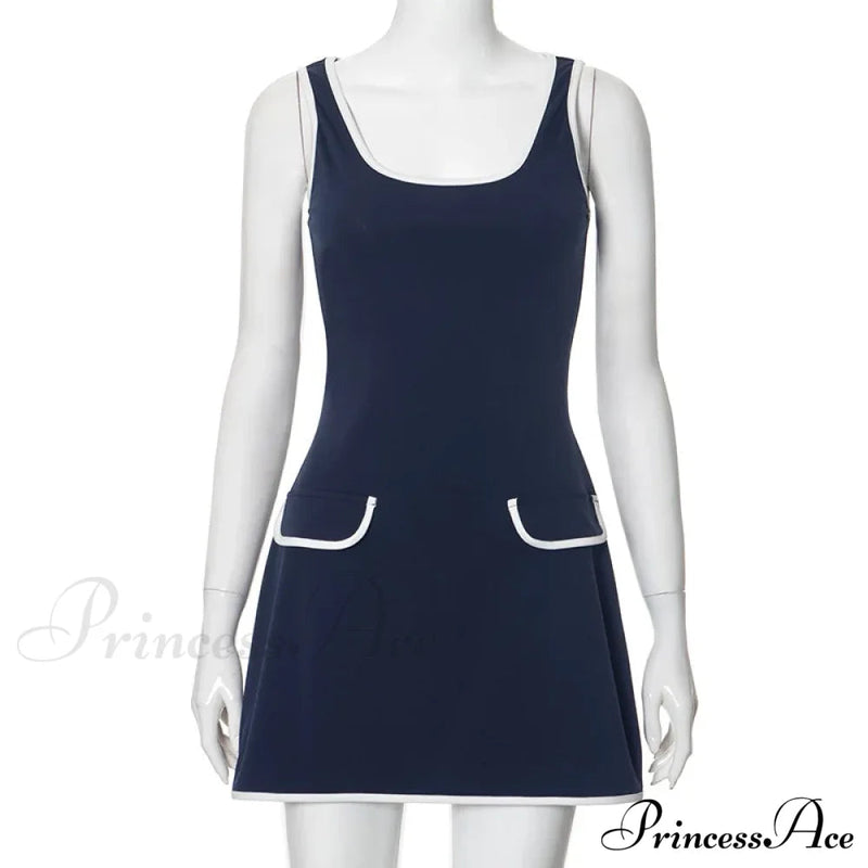 Contrast Seam Blue Charming Mock Pocket Mini Dress