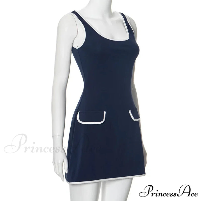 Contrast Seam Blue Charming Mock Pocket Mini Dress