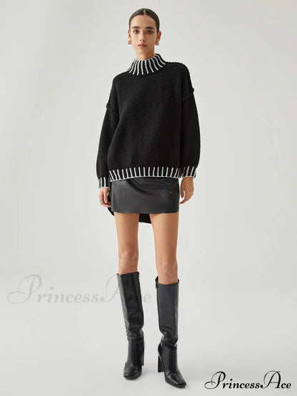 Contrast Stitch Graceful Mock Neck Sweater