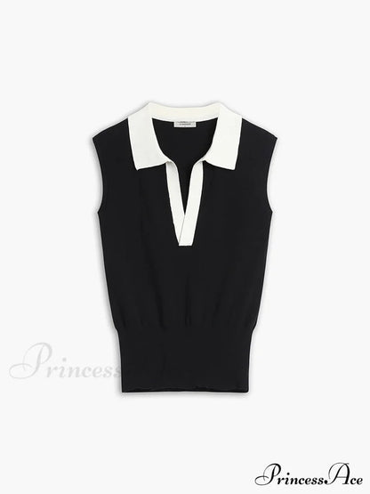 Contrast Trim Collar V-neck Knit Sweater Vest