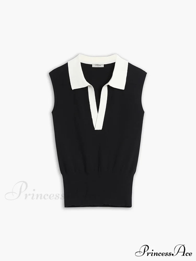 Contrast Trim Collar V-neck Knit Sweater Vest