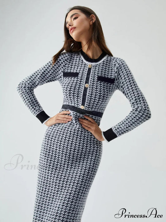 Contrast Trim Herringbone Bodycon Sweater Midi Dress