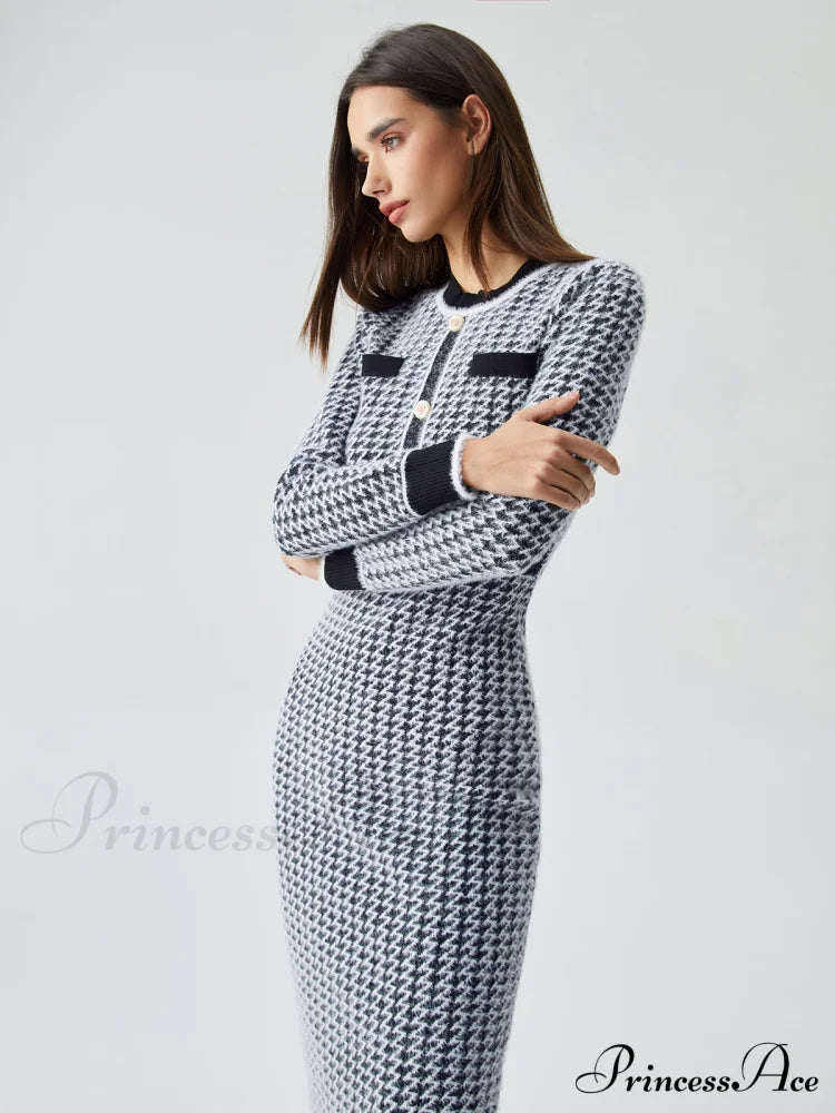 Contrast Trim Herringbone Bodycon Sweater Midi Dress