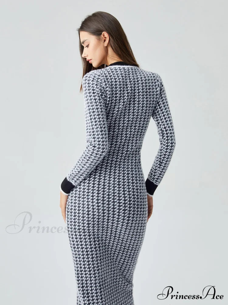 Contrast Trim Herringbone Bodycon Sweater Midi Dress
