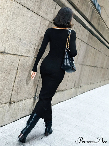 Contrast Trim Low Cut Knit Long Dress
