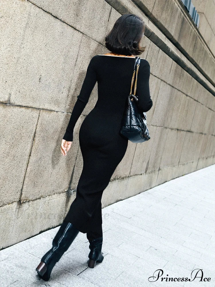 Contrast Trim Low Cut Knit Long Dress
