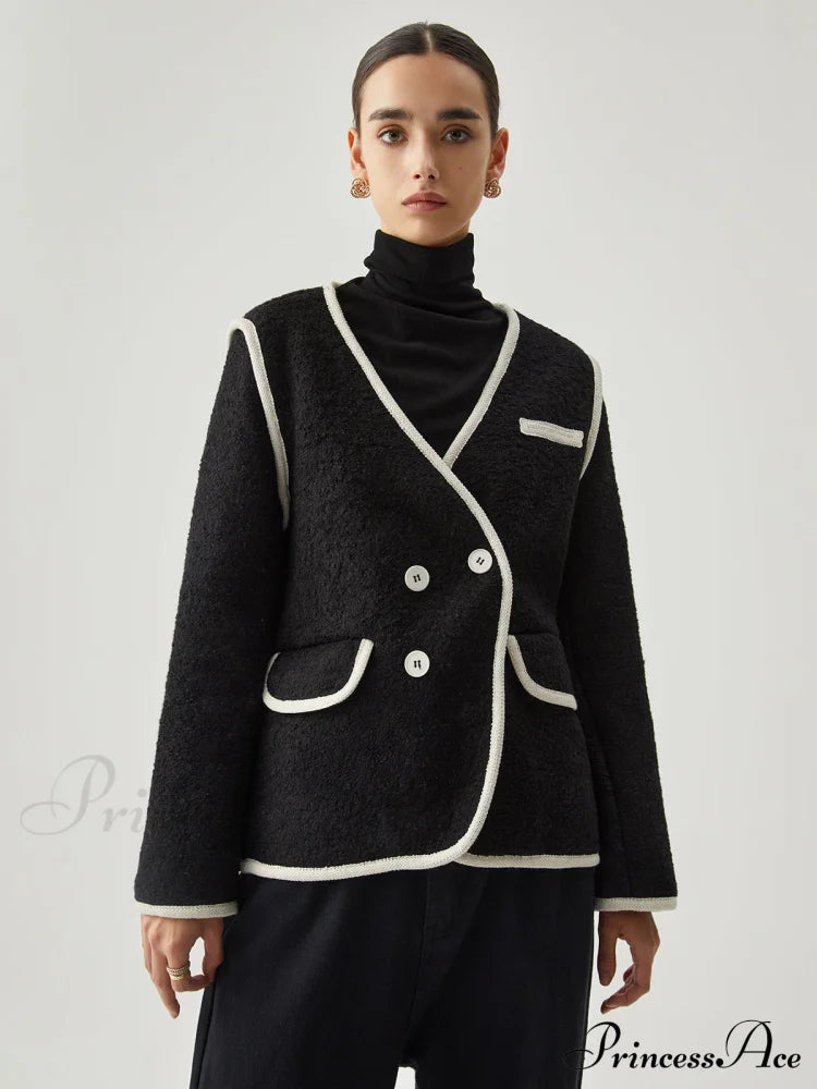 Contrast Trim Tweed Button Detail Wool Coat