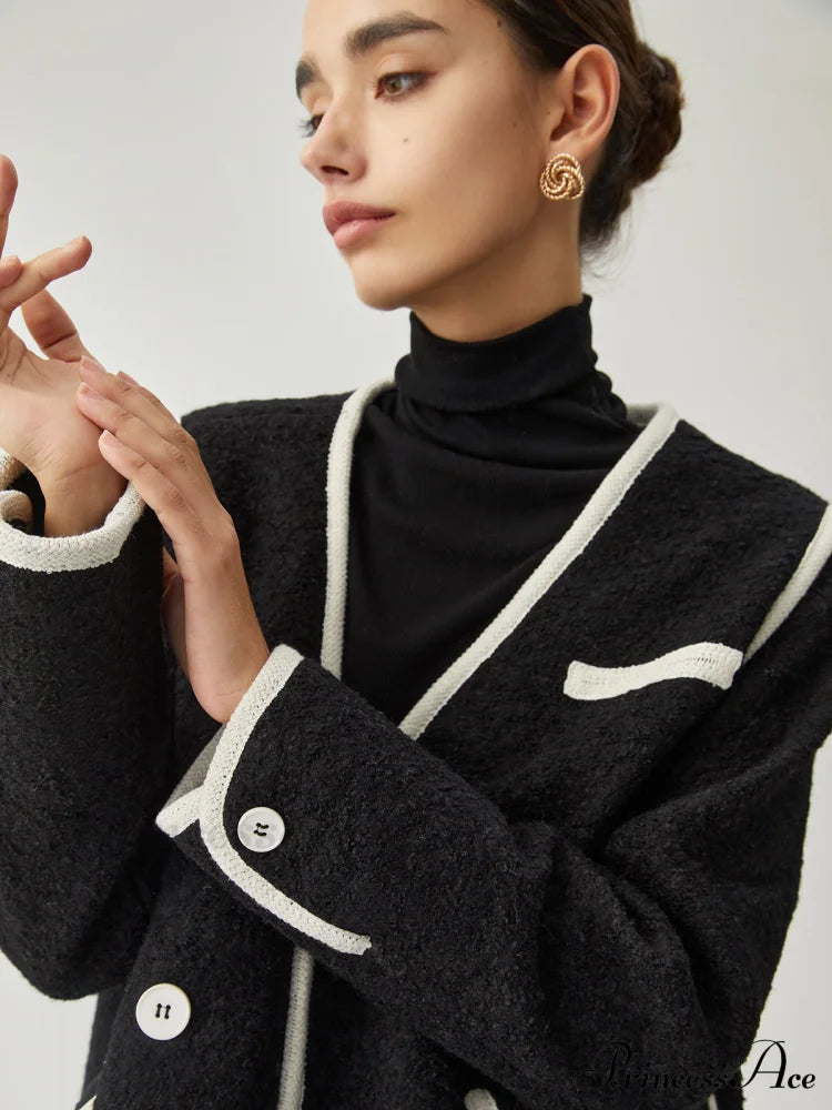 Contrast Trim Tweed Button Detail Wool Coat
