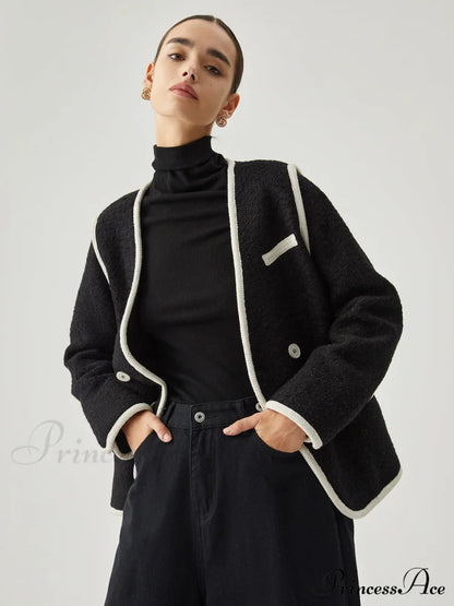 Contrast Trim Tweed Button Detail Wool Coat