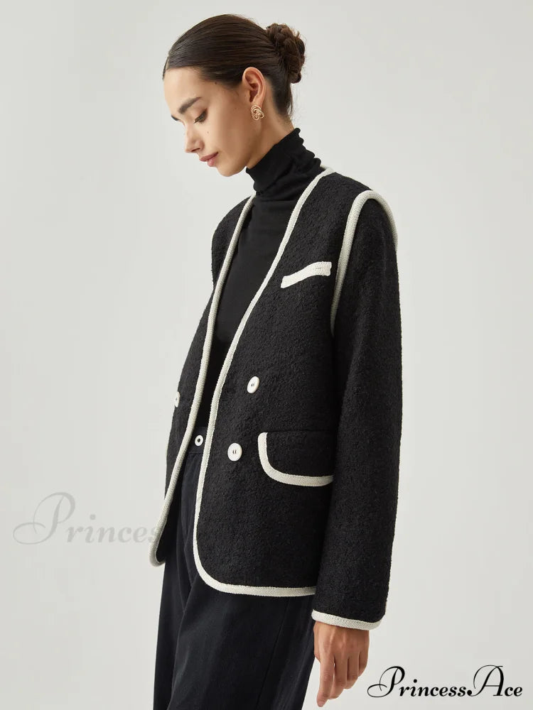 Contrast Trim Tweed Button Detail Wool Coat