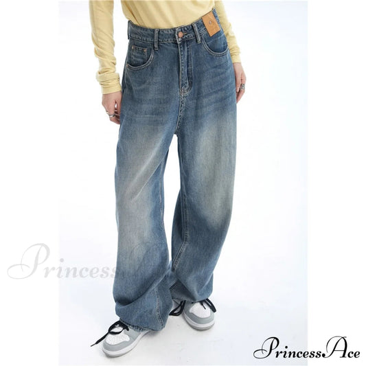 Contrasting Wide Colors for Pants Jeans High Blue Waist Leg With