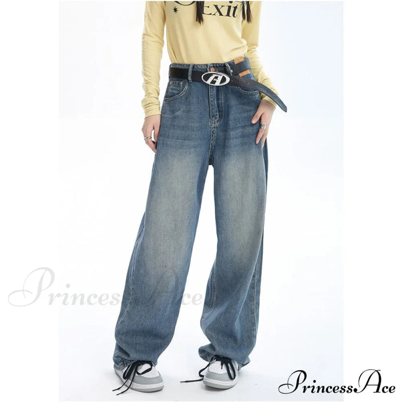 Contrasting Wide Colors for Pants Jeans High Blue Waist Leg With