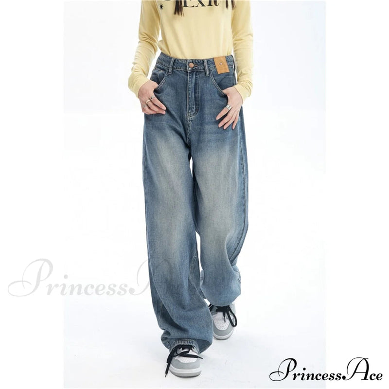 Contrasting Wide Colors for Pants Jeans High Blue Waist Leg With