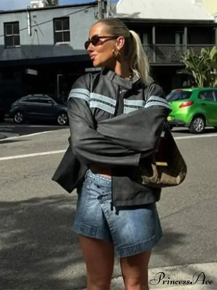 Contrasting Zippered O Neck Long Sleeves Loose Autumn Warm Stylish Coat
