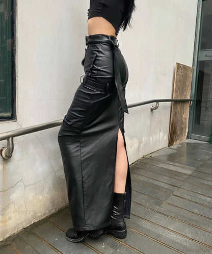 Cool Pu Leather Maxi Slit Skirt