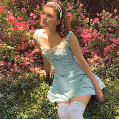 Coquette Y2k Printpatchwork Lace Trim Square Neck T-shirts Dress