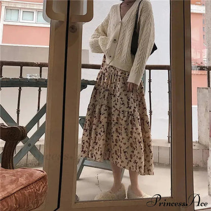Corduroy High Waist Charming Print Maxi Skirt